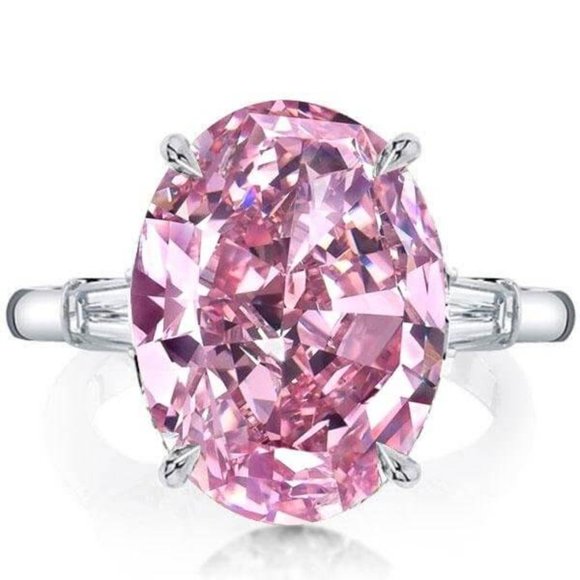 Joancee Jewelry - Oval Created Pink Sapphire baugetts 925 SS Ring